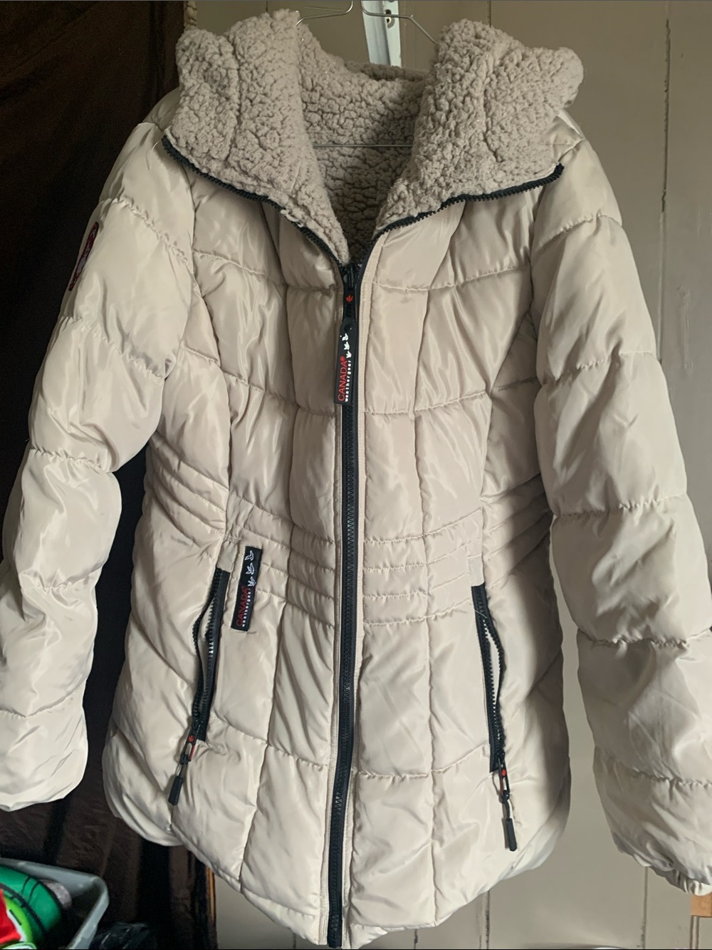 Canada Goose Cream Quilted Puffer Jacket with Sherpa Collar